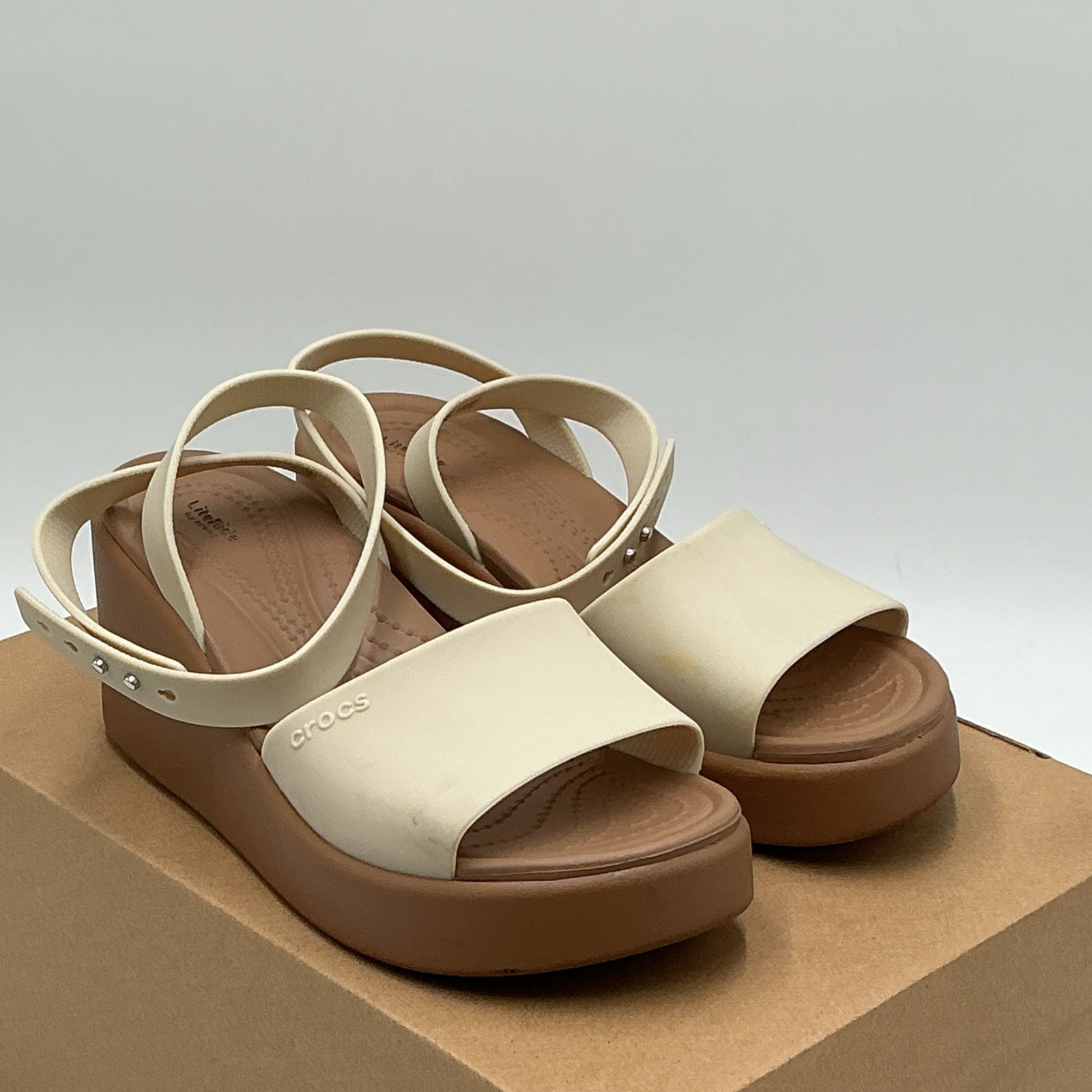 Crocs Brooklyn Sandals Women’s US 5 Cream Brown Ankle Strap Wedge Heel Ebay4440