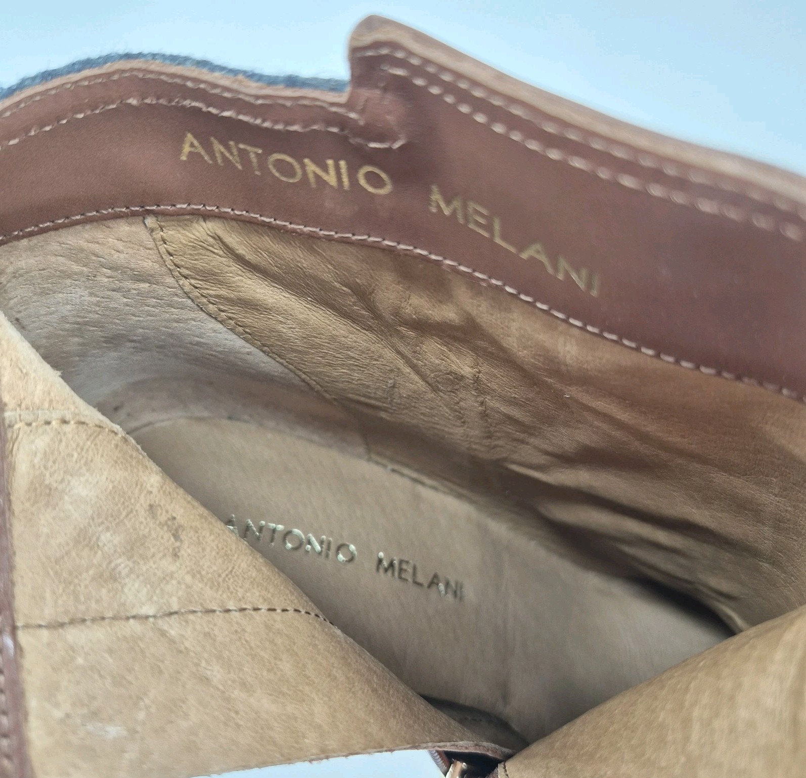 Antonio Melani Knightlee Brown Gray Leather Fabric Ankle Booties Women’s 8.5M