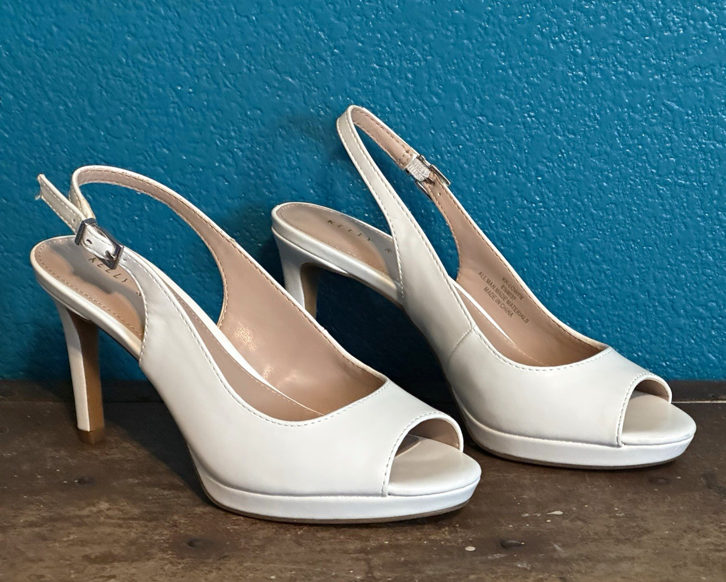 Kelly & Katie White Faux Leather Open Toe Stiletto Slingback Buckle Heel 6.5