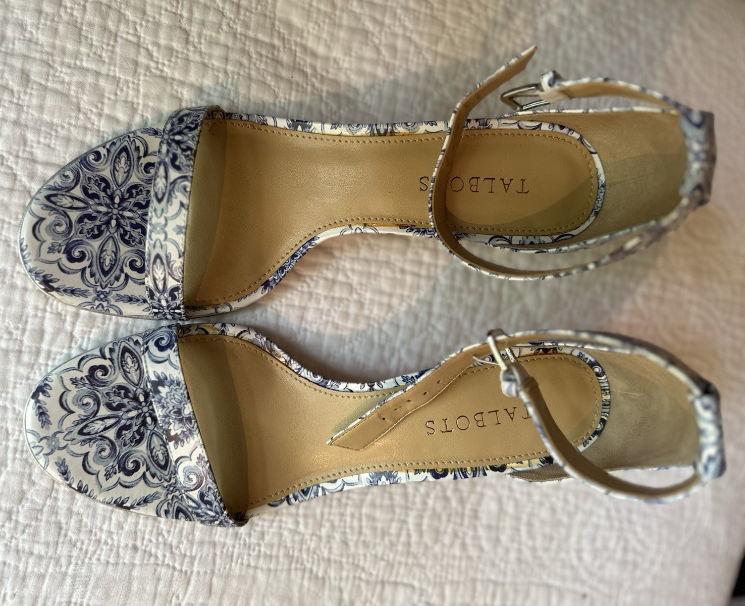 Talbots Women’s Blue/White Strappy Open Toe Ankle Strap Buckle Stiletto 9.5M