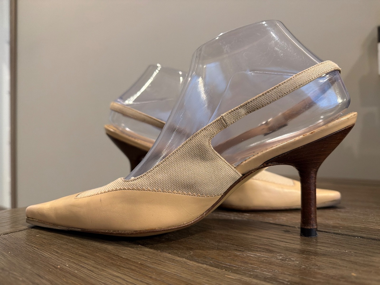GUCCI Vintage Beige Leather Canvas Sling Back Heels Pumps Women’s 8 B