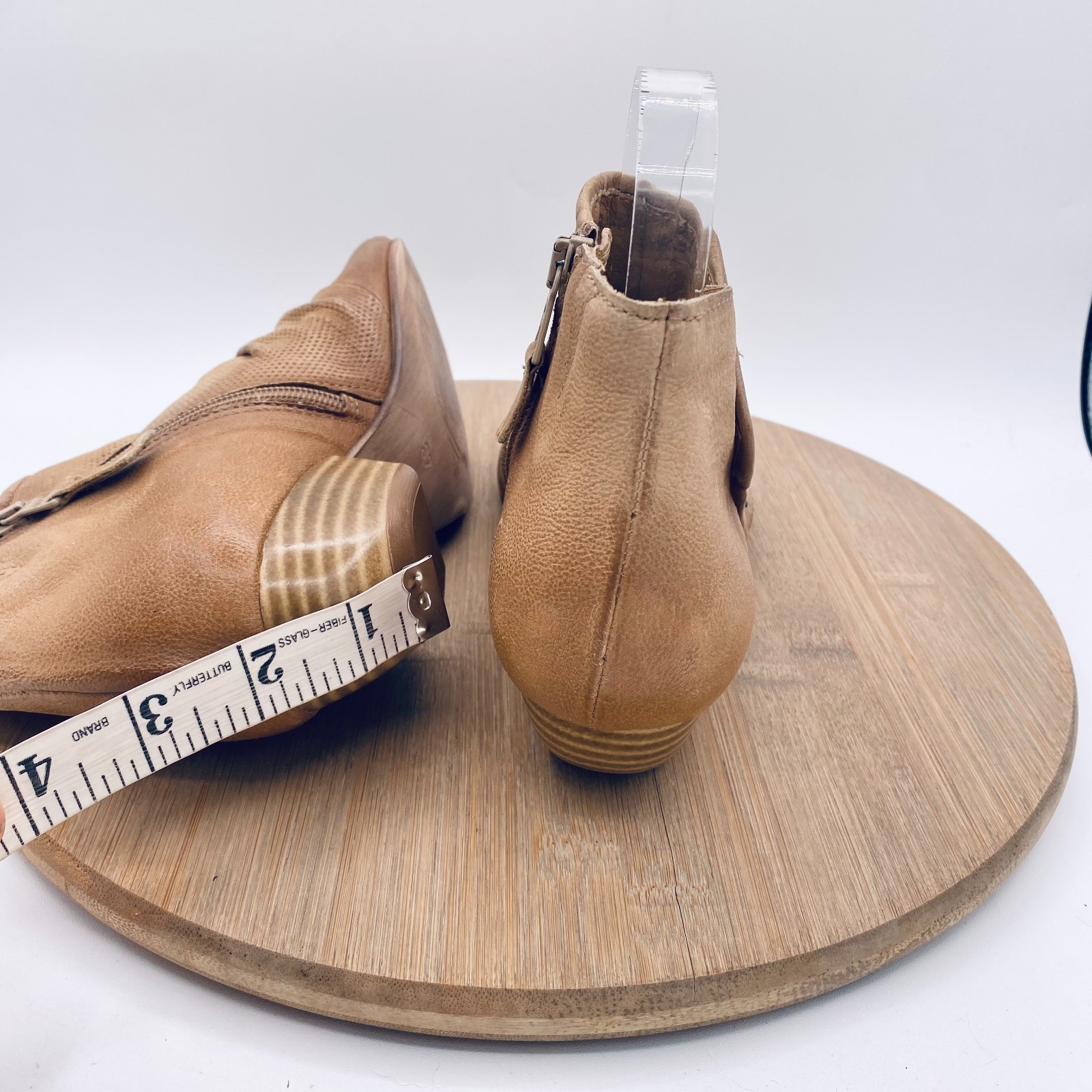 Miz Mooz Boots Womens 6.5 37 Tan Leather Ruched Ankle Booties Peep