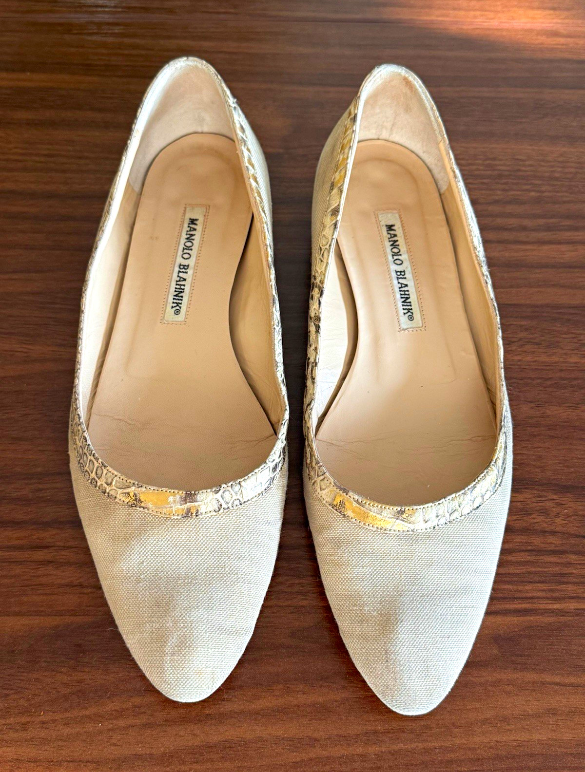 Manolo Blahnik Beige Canvas Pointed Toe Ballet Flats Snakeskin Trim US 7.5