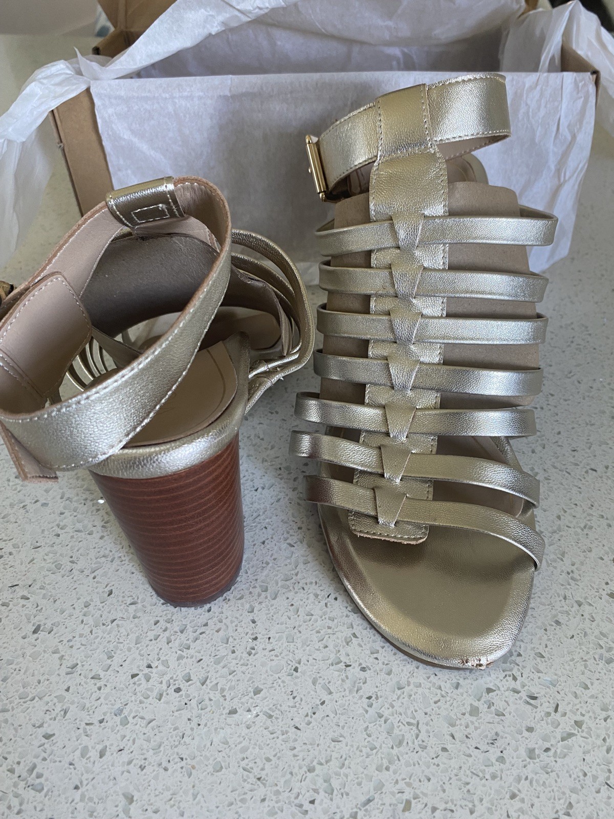 Vionic Sami Metallic Sexy Strappy Sandals Block Heels Gold Champagne Size 10
