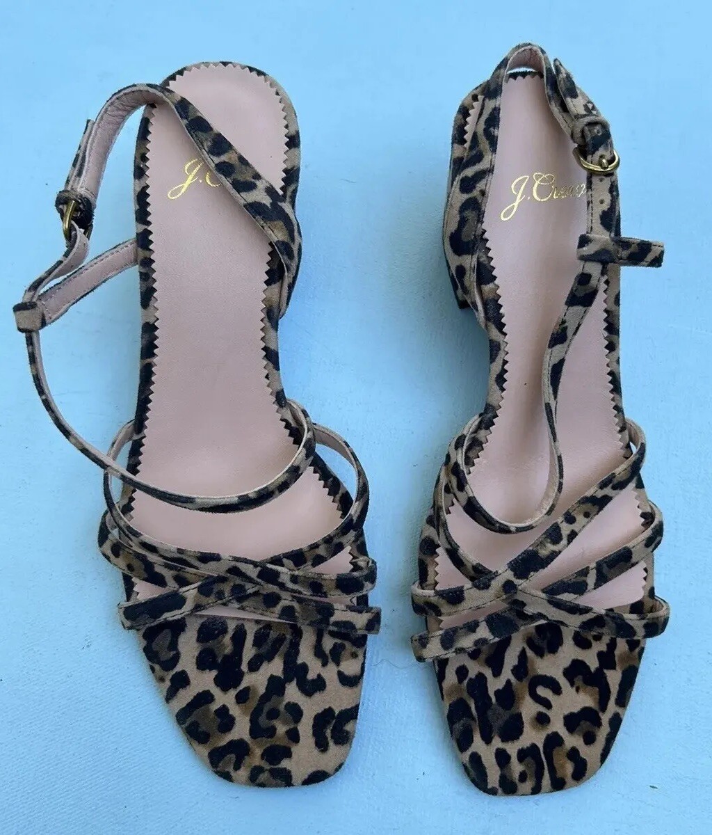 J Crew Odette Shoes 7 Leopard Print Sandals Block Heels Beige Black Tan Strappy