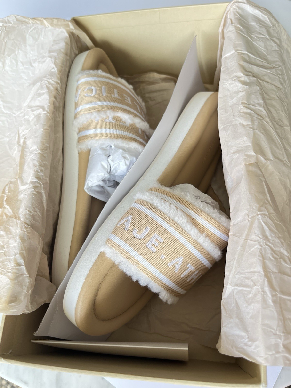 Aje Athletica Puffed Shearling Slides Size EU 37/AU 6/UK 4 Natural Tan BNWT
