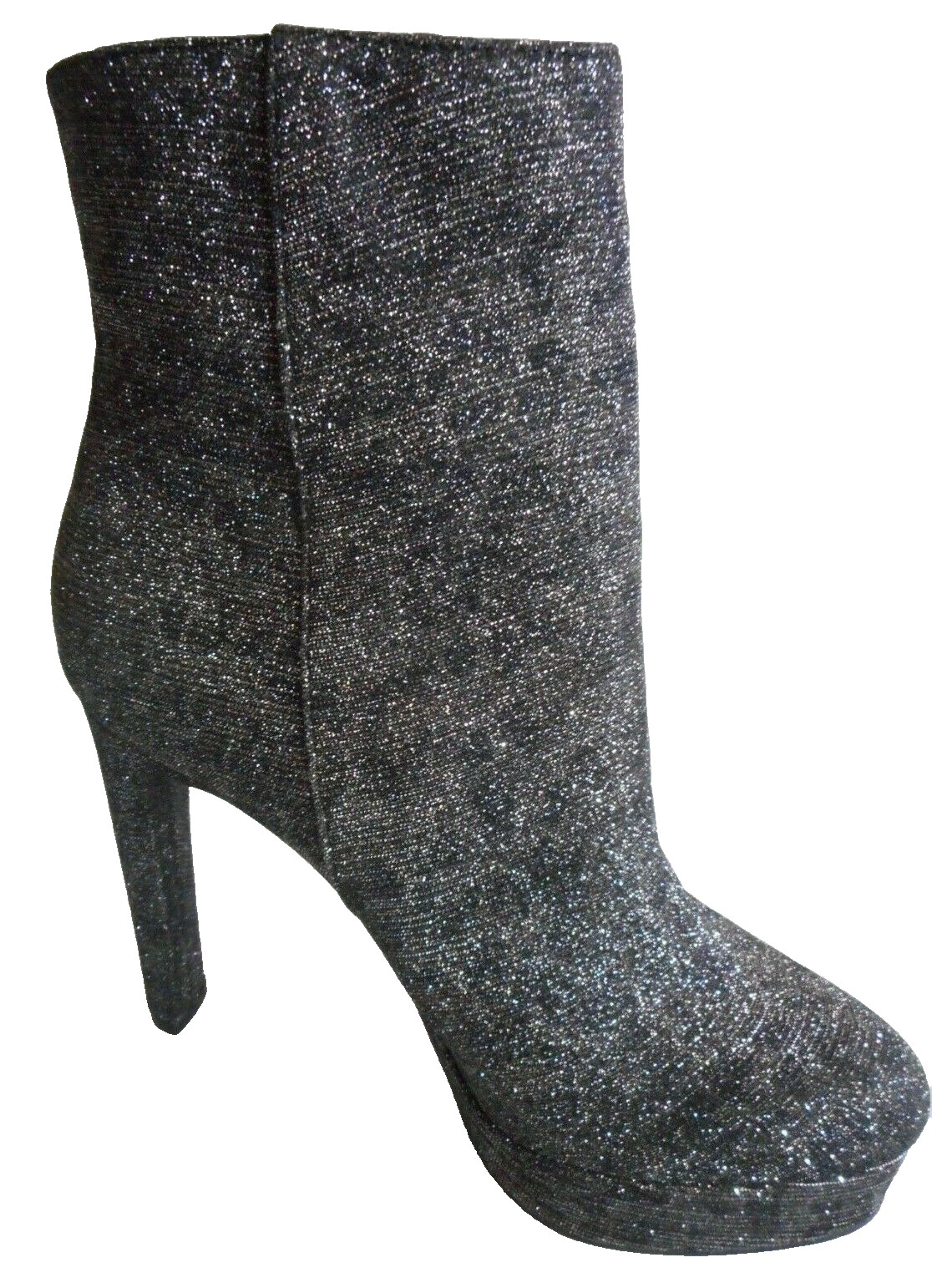 GUESS LA Size 7.5 Shiny Glitter Silver Fabric Stiletto High Heel Club Boots NEW