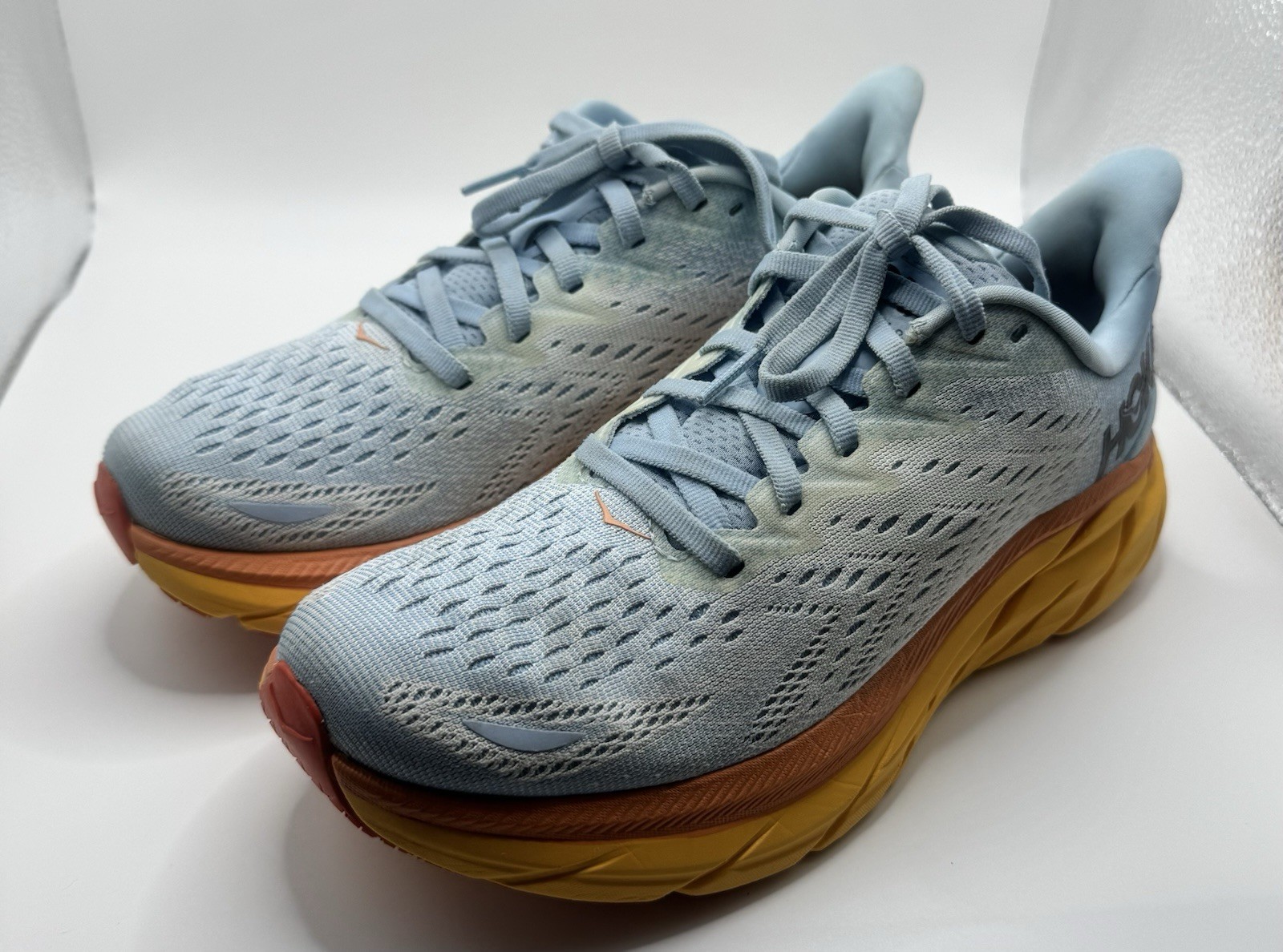HOKA Clifton 8 Women’s Running Shoes L. Blue Orange Yellow Sneakers Size 7B US