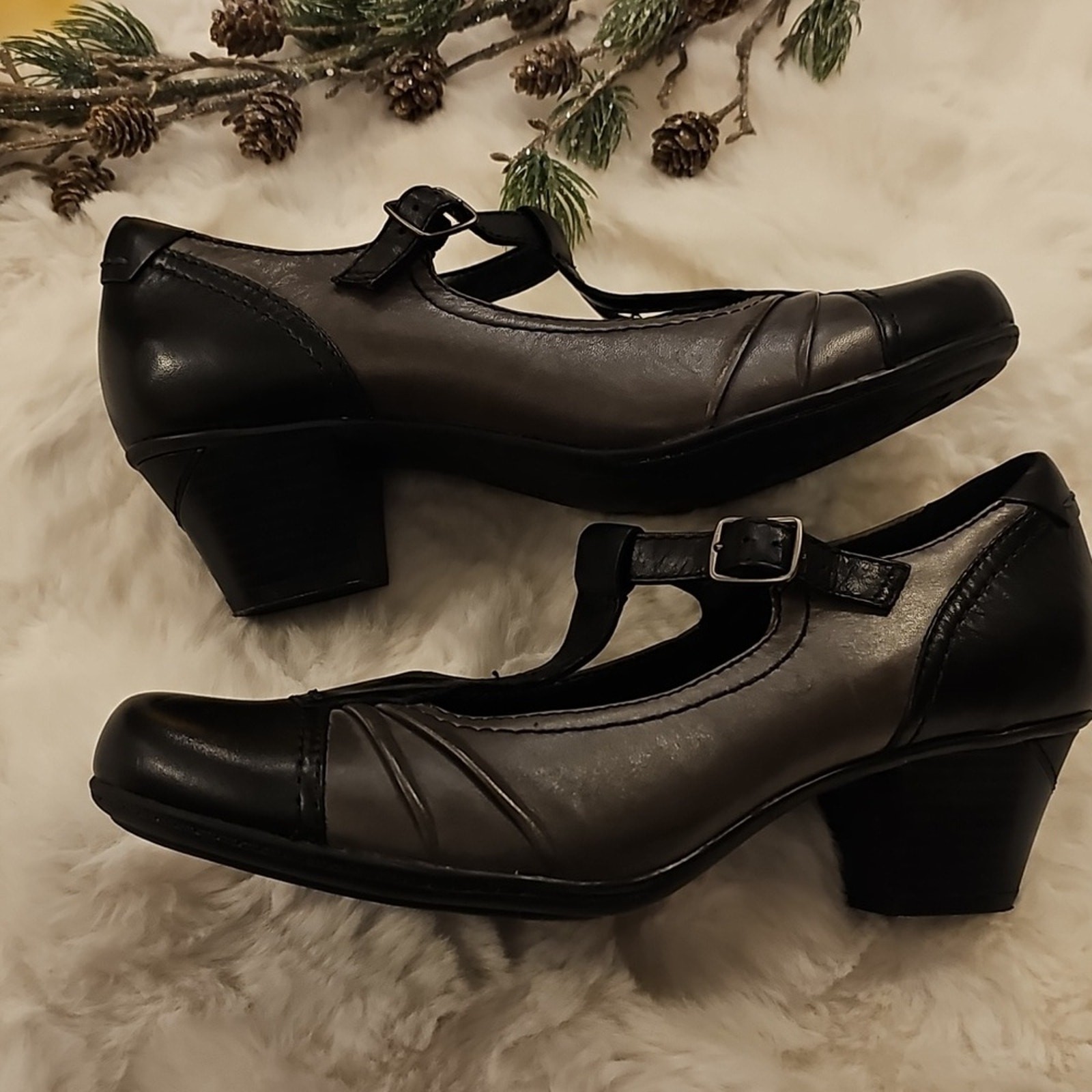 Earth Black Gray Leather Wanderlust Pumps Mary Janes Womens 9B VGUC