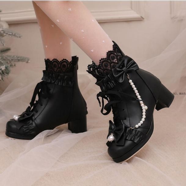 Women Bow Round Toe Block Heel Ankle Boot Lace Lolita Boot Sweety Mary Jane Shoe