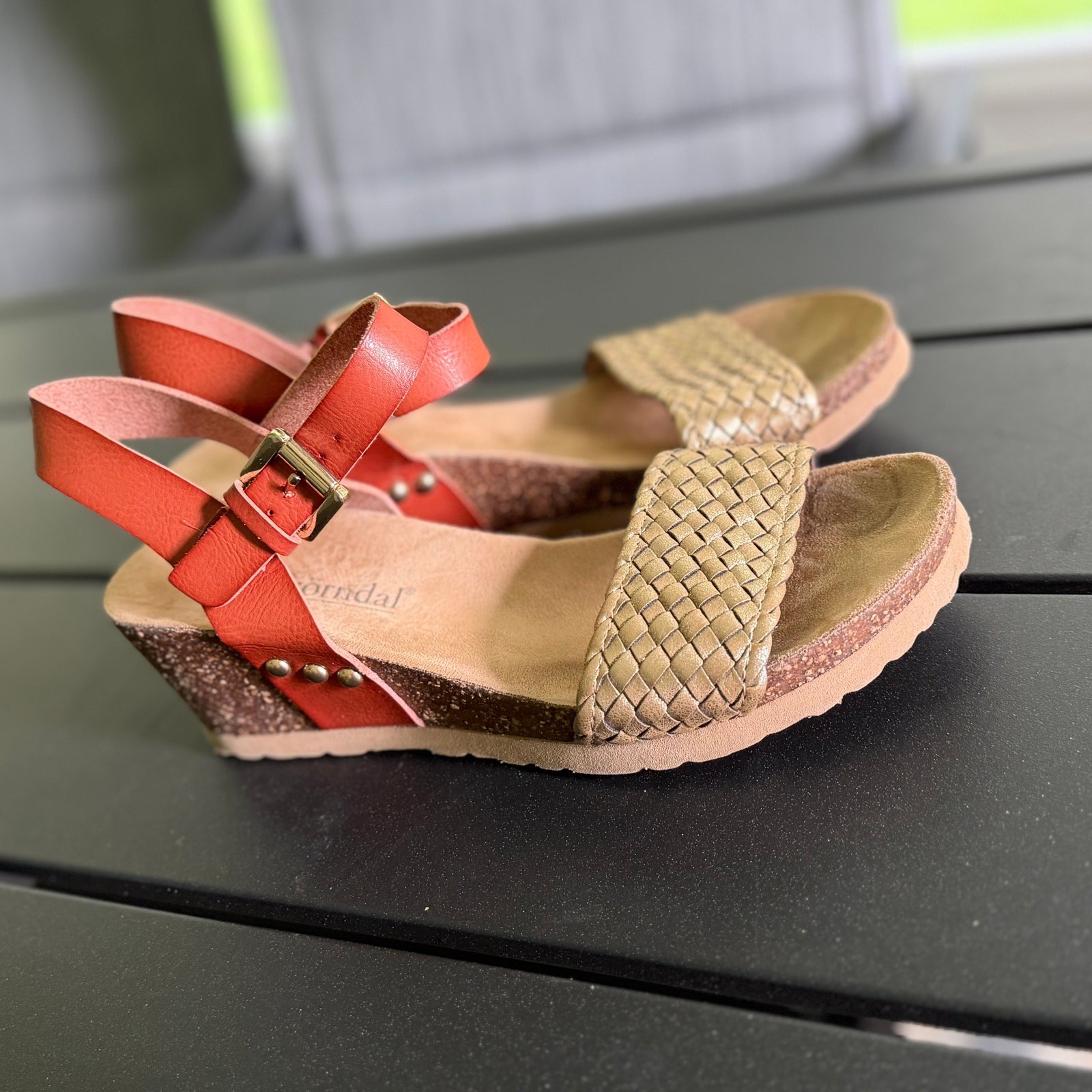 Bjorndal Womens Cork Wedge Sandals Orange Coral Ankle Strap Platform Heel [Size]