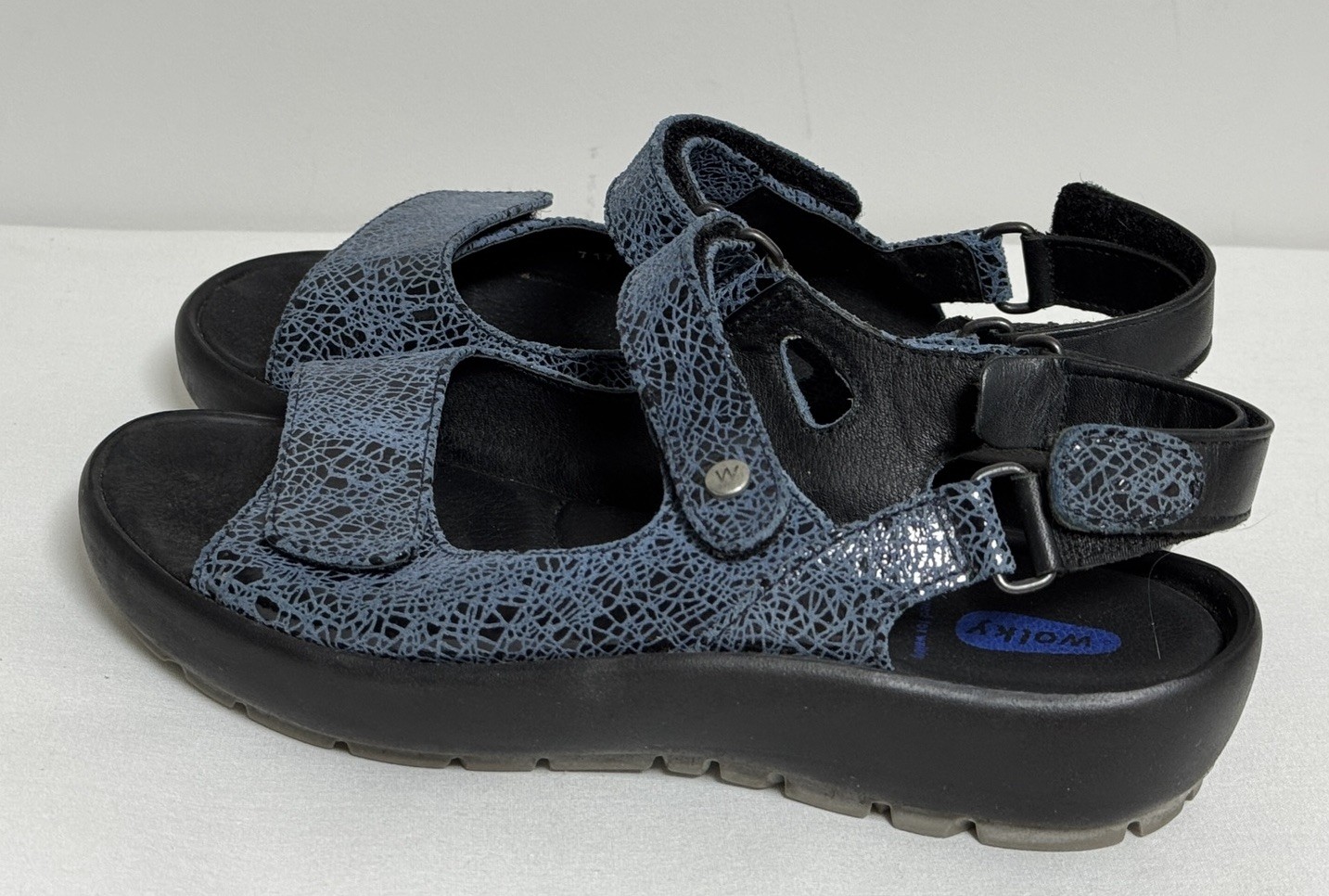 Wolky Rio Women’s Denim Crash Blue Leather Platform Sandals Sz 39