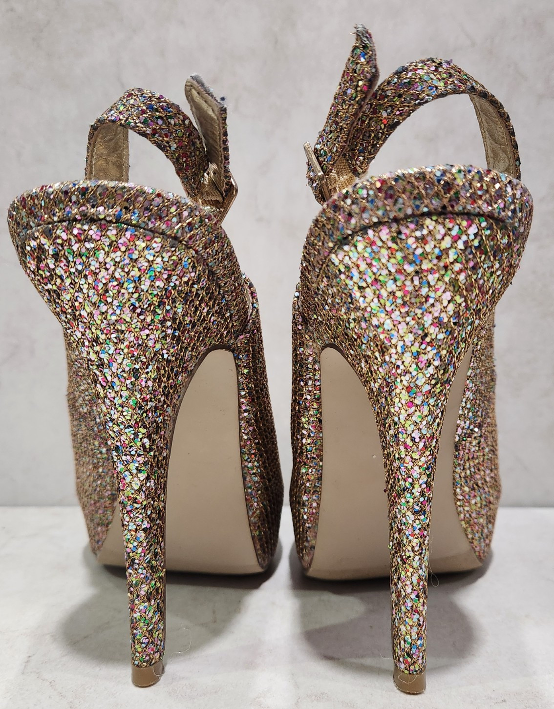 MADDEN GIRL JASSPERR GOLD Multi Sparkly Platform Stilleto 4 INCH Heels Size 7