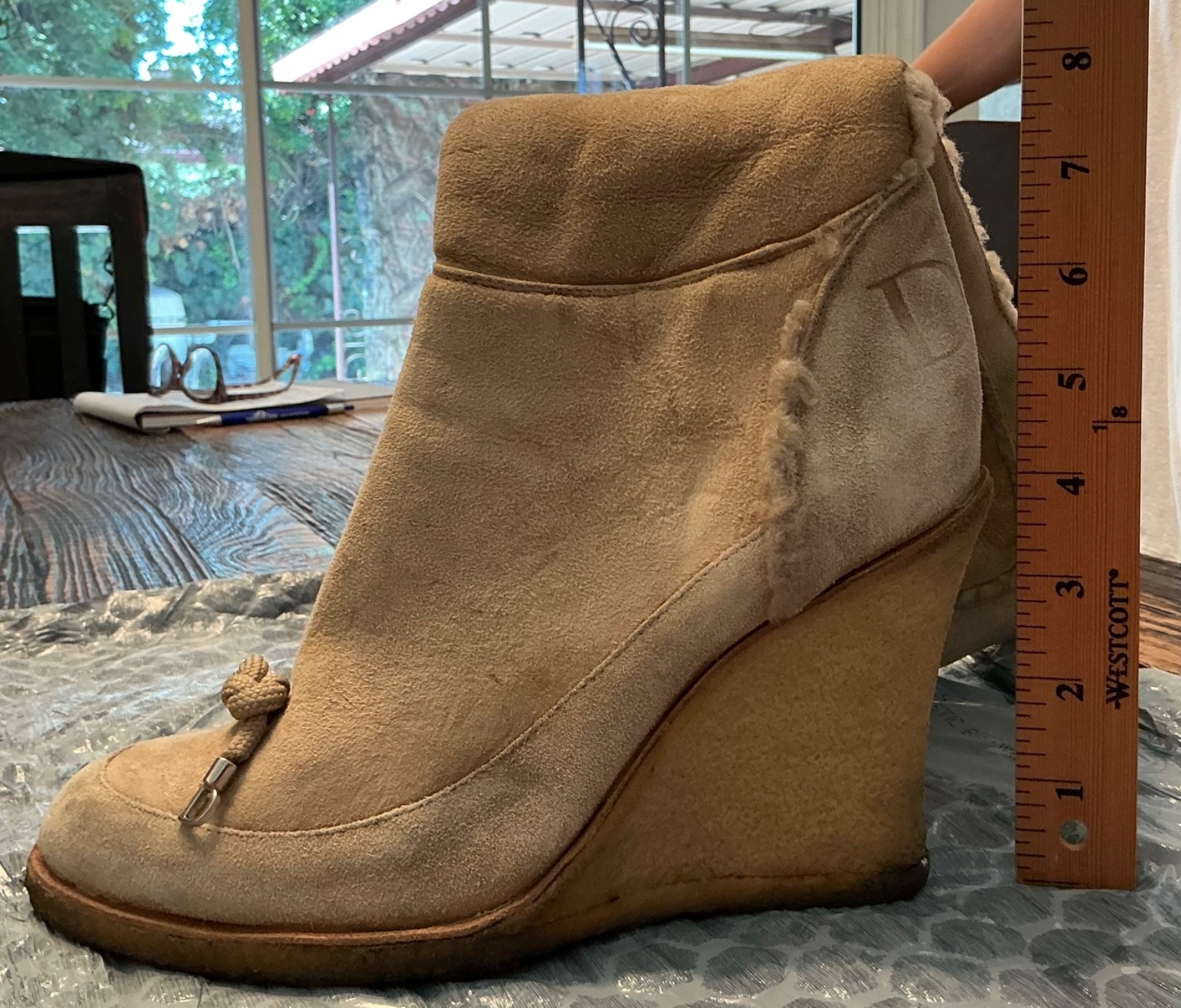 Christian Dior Beige Shearling Suede CD Logo Wedge Boots With Zipper Size 37,5