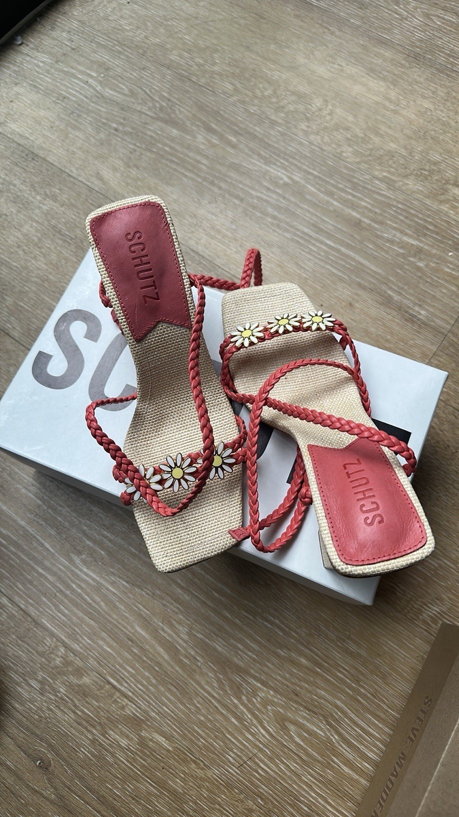 Coral Braided Strap Daisy Flower Heel NWT