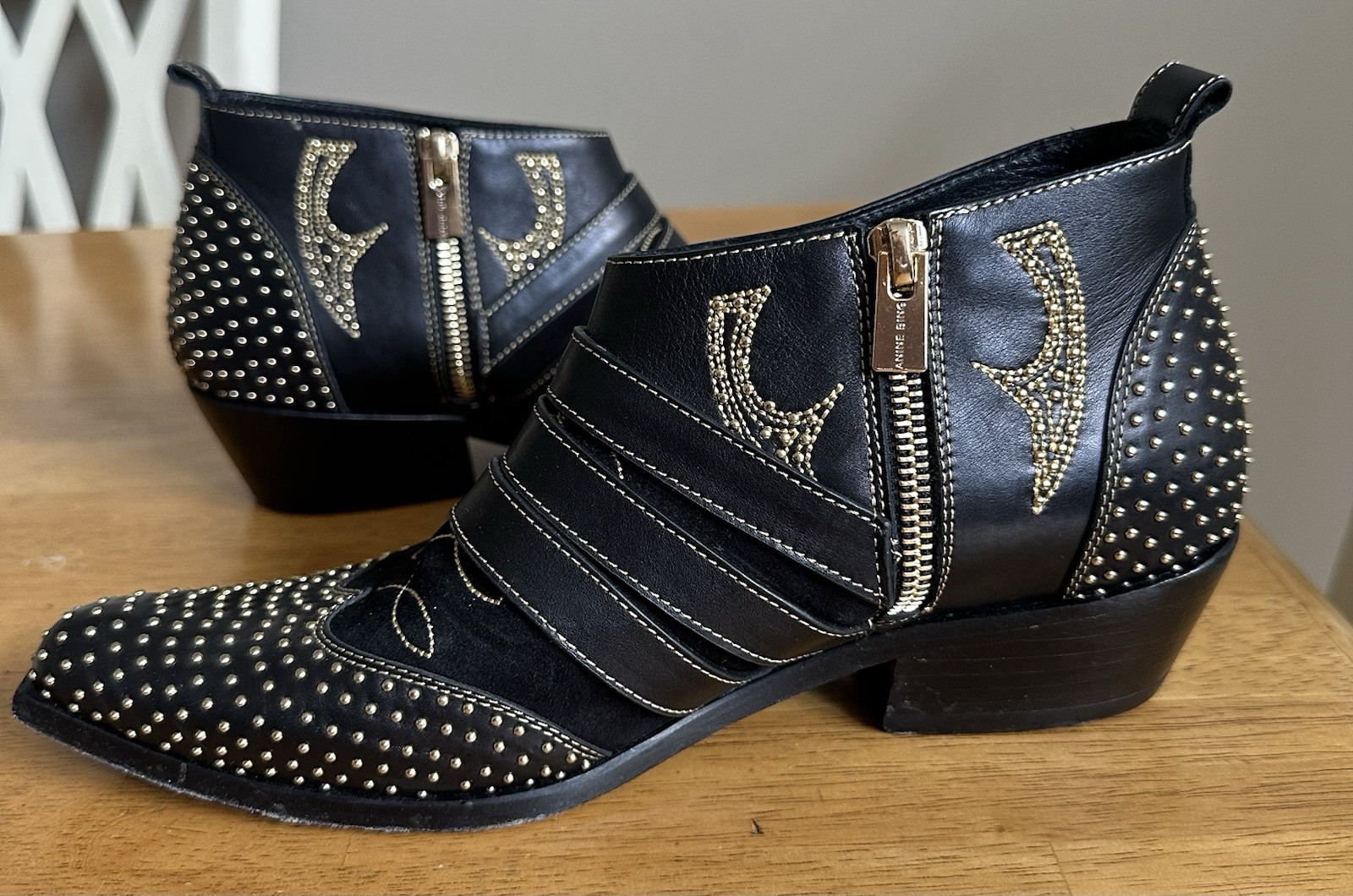 Anine Bing Penny Ankle Boots 37 Black Gold Studded Zipper Buckles 6.5 US