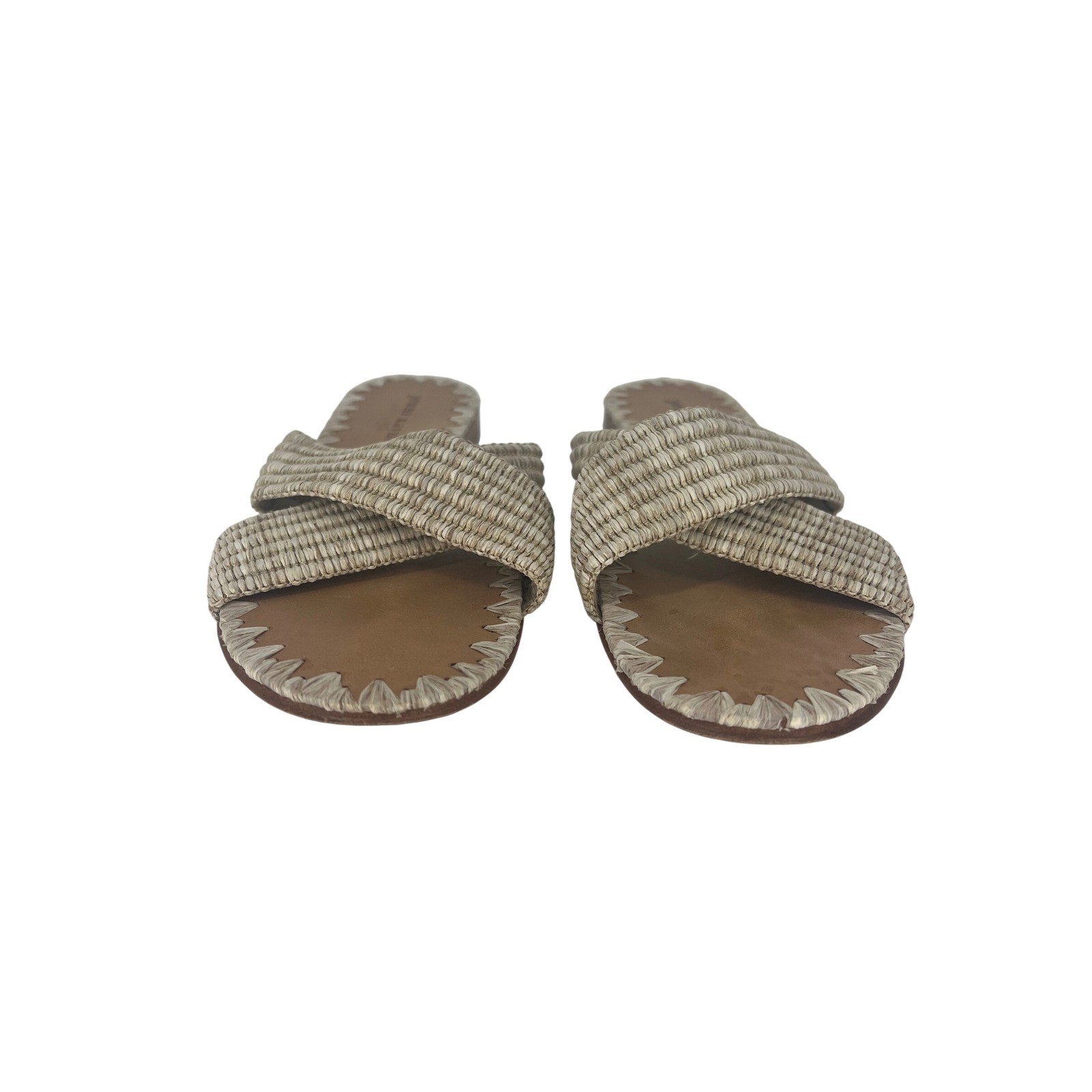 Jenni Kayne Raffia Crossover Sandals Tan Cream Woven Flat Slides Size 38