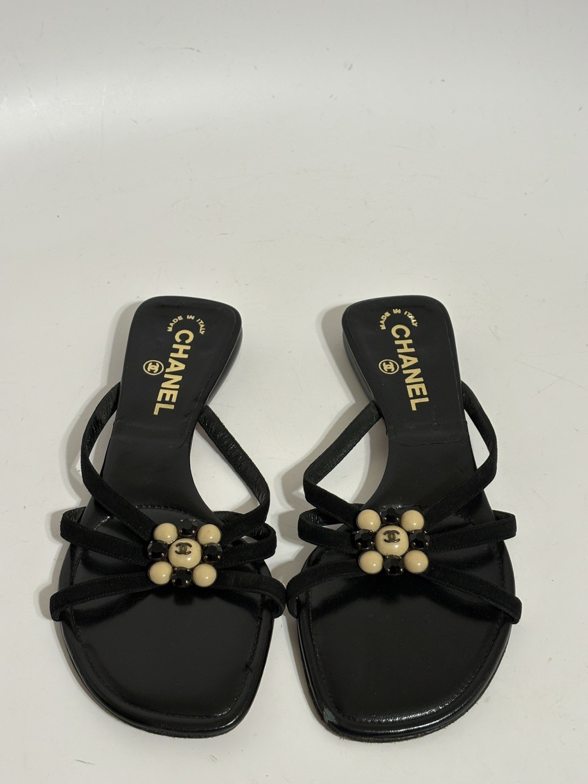 Vtg Chanel Black Leather CC Logo Crystal Embellished Sandals 36