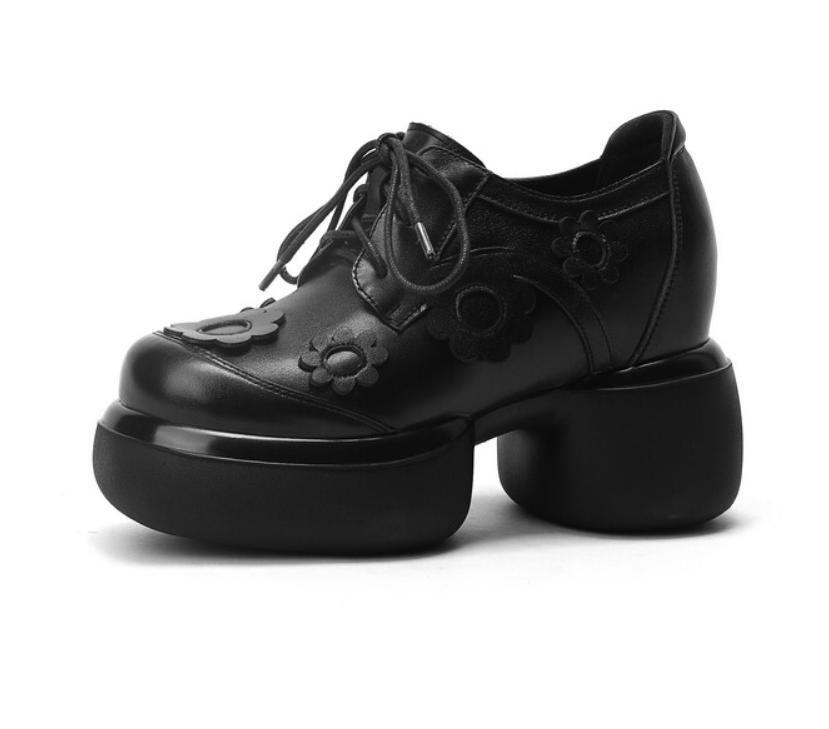 Womens Floral Lace Up Leather Mid Chunky Heel Round Toe Platform Casual Shoes