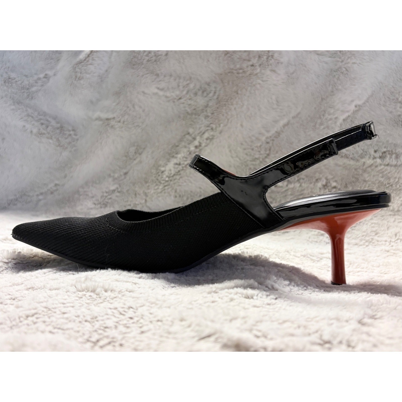 Cosy Island Knit Fabric Black Pointed Toe Slingback Heels Orange Stiletto Sz 6.5