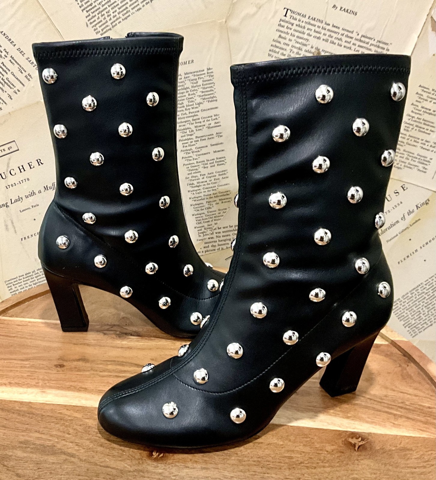 Anthropologie Maeve Studded Stretch Ankle Boots Black Silver Studs 37/ 6-6.5 NIB