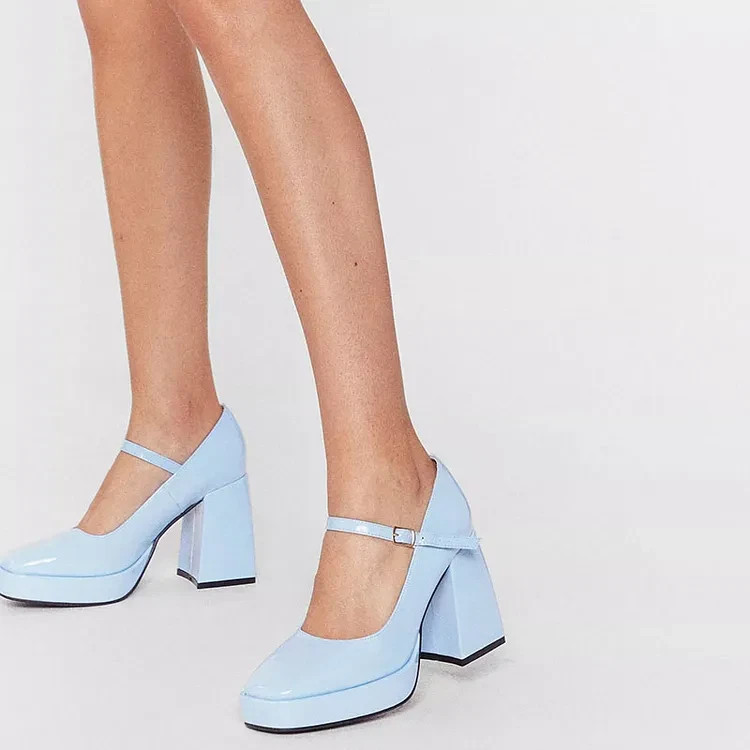 Light Blue Square Toe Patent Leather Chunky Heel Platform Mary Janes FSJ20220415