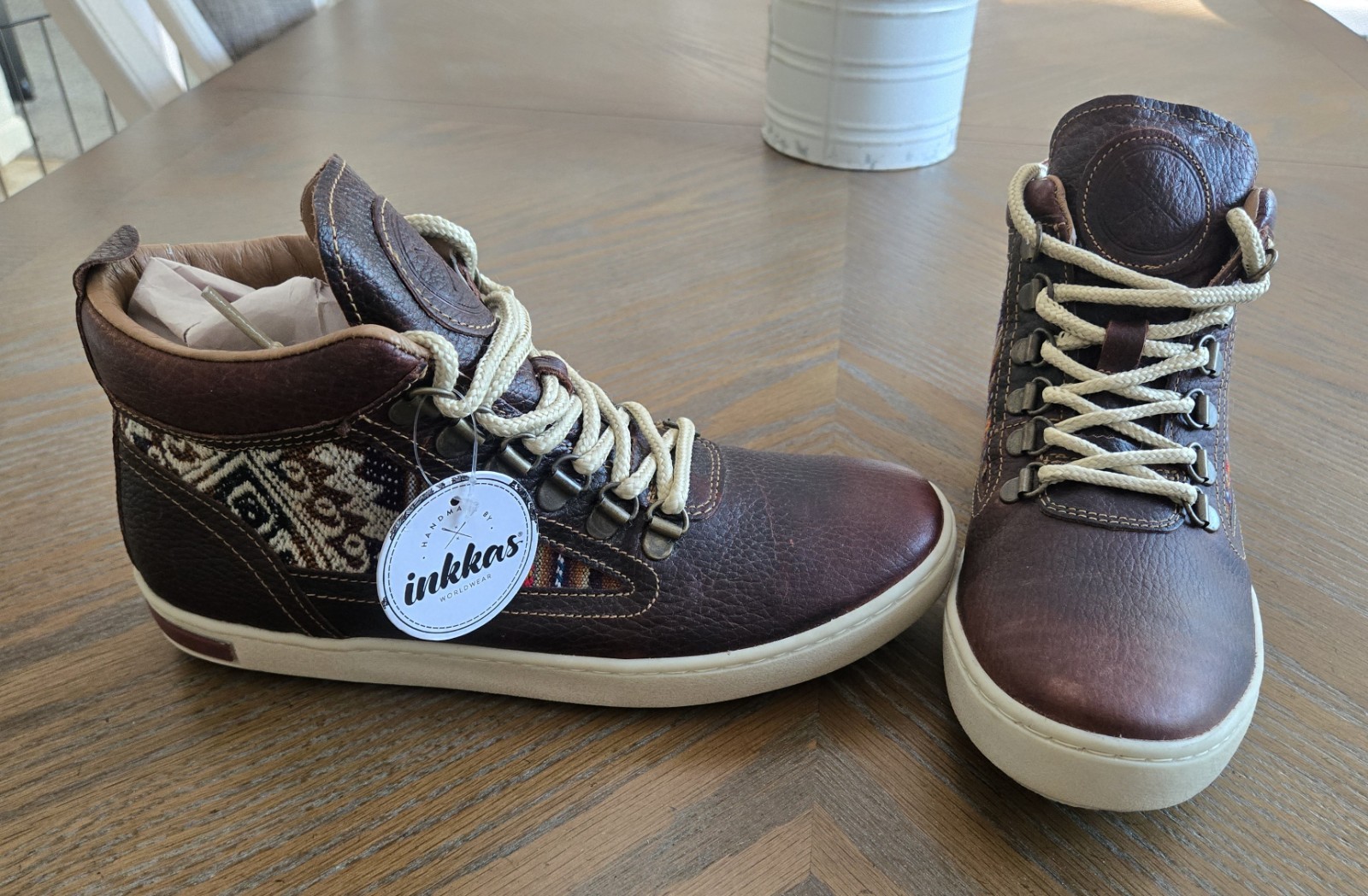 NEW $150 Inkkas Brown Leather Mid Top Geometric Lace Up Sneakers Bohemian Sz9