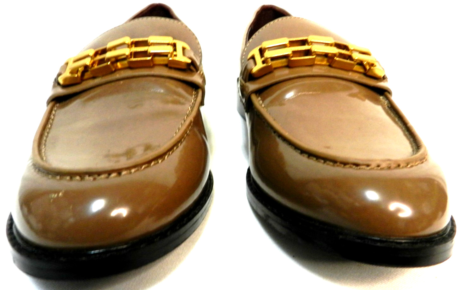Franco Sarto Akron Size 9 brown patent leather loafers slides w/ gold Chain Link