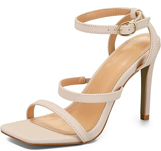mysoft Square Toe Stilettos Ankle Strap High Heeled Sandals Nude ~ Size 7