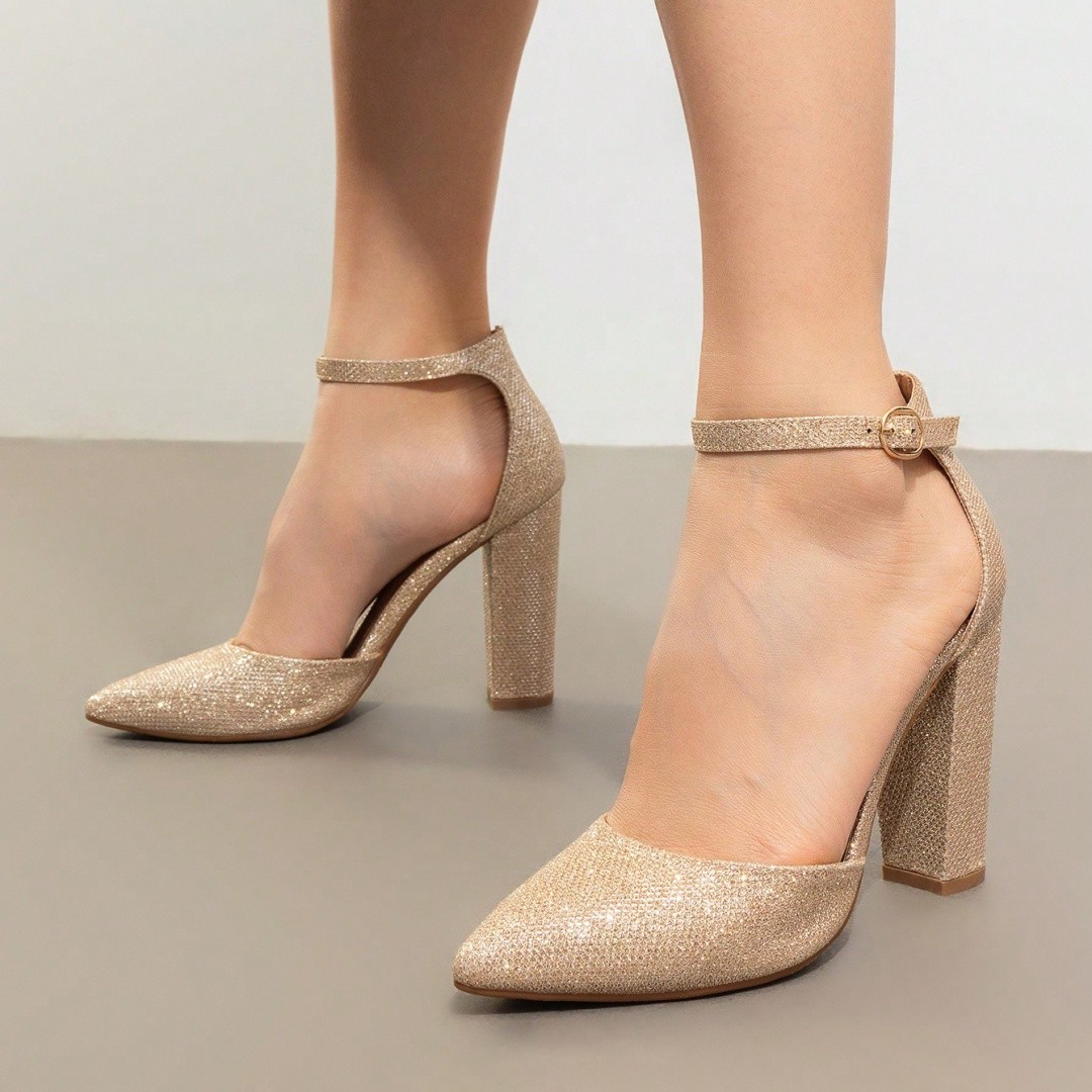 Women Chunky Block High Heel Ankle Strap Pointed Toe Wedding Dress Pumps