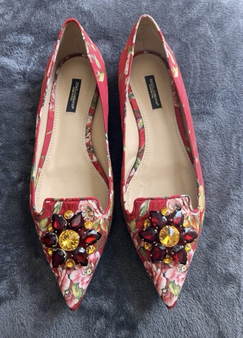 Dolce & Gabbana Red Multicolor Floral Gem Embellished Pointed Toe Flats US 9