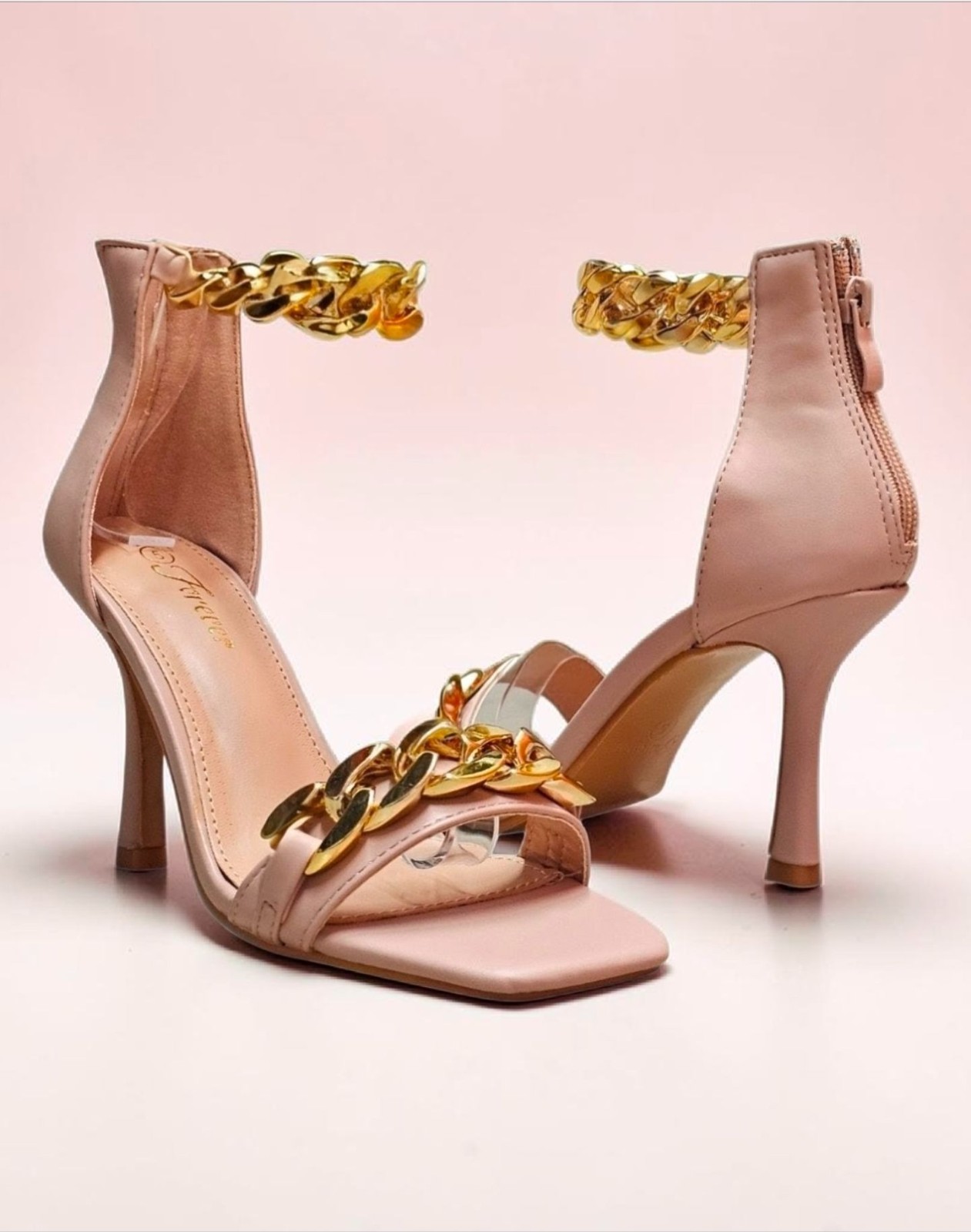 Blush Pink High Heel Sandals With Gold Chain Ankle Strap Square Toe Back Zipper