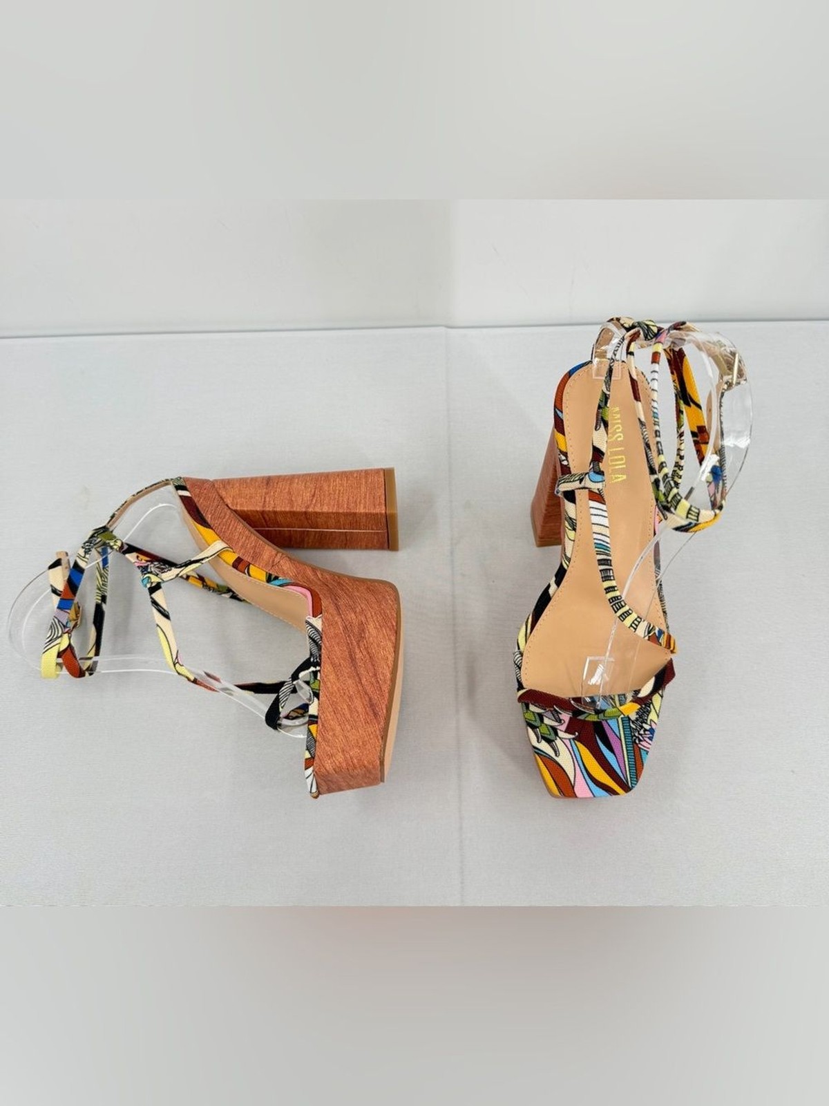 Resort Platform faux wood Block Heel Sandals Multicolor Vacation Heels 6.5