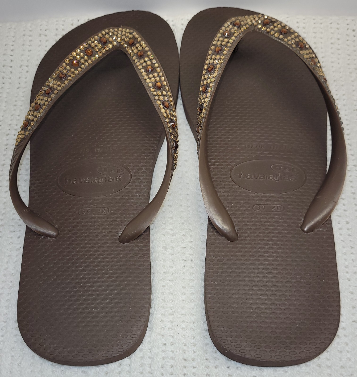 Havaianas Slim Glitter II brown sandals & rhinestone embellished straps W 9/10