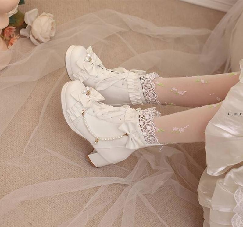 Women Bow Round Toe Block Heel Ankle Boot Lace Lolita Boot Sweety Mary Jane Shoe