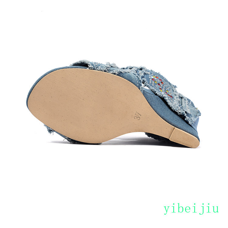 2026 Womens Denim Jeans Rhinestones Slippers High Wedge Heel Sandals Mules Shoes