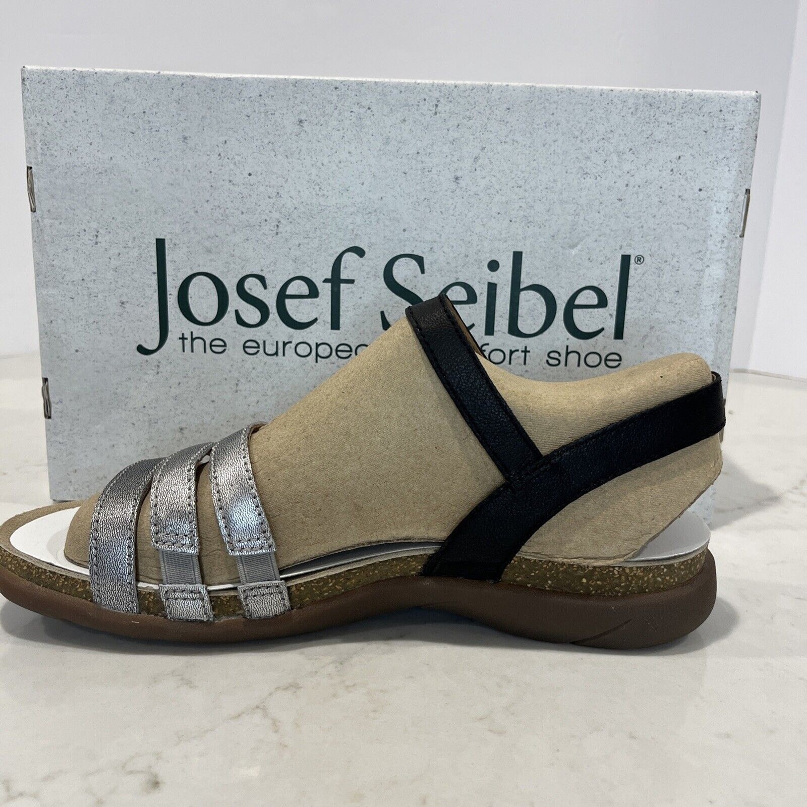 Josef Seibel NEW Sandals Riley Strappy Comfort Shoes Silver Black Cork EU42 US11