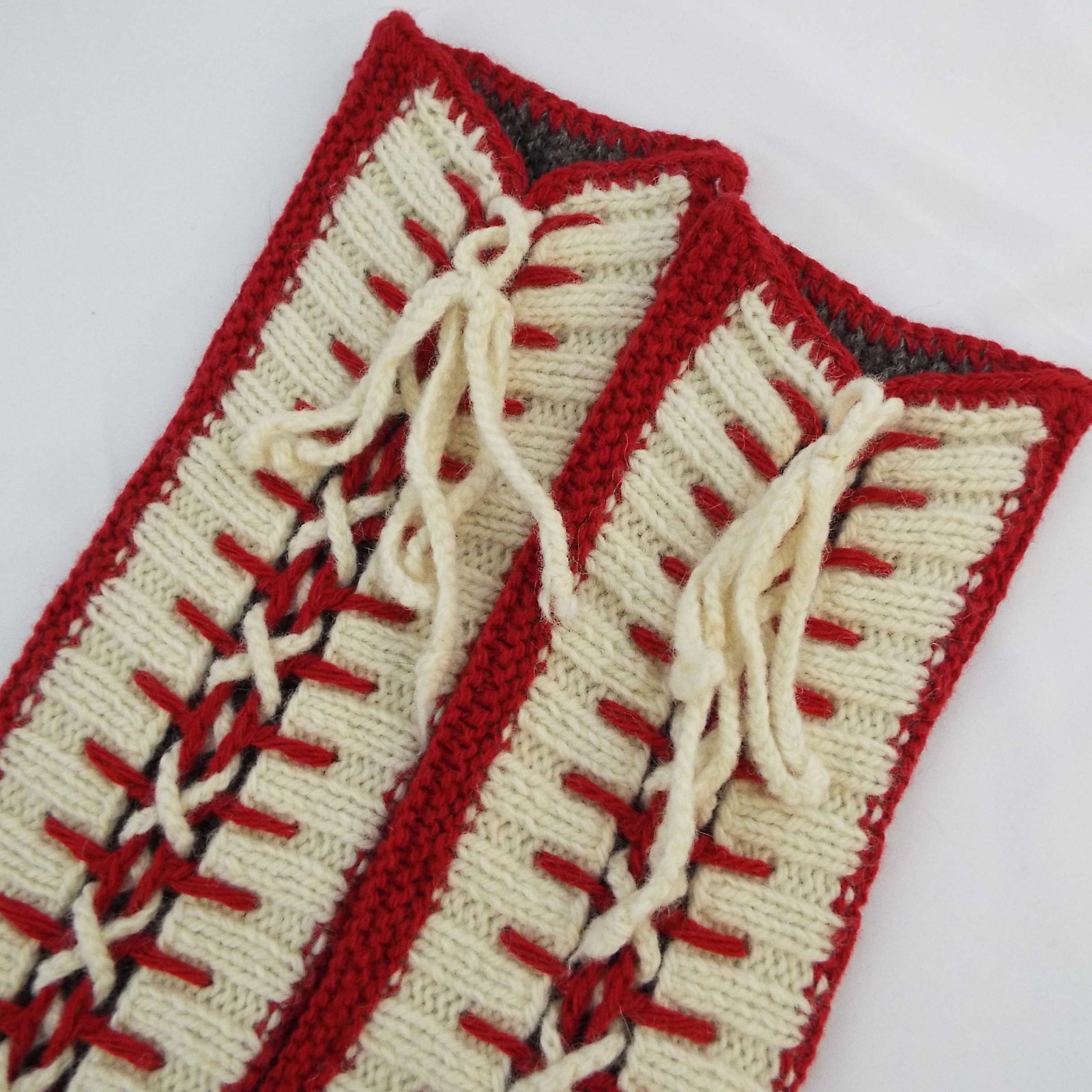 Hand Knit Women’s Red, White, Gray 21″ Lace Up Slipper Socks NWOT One Size