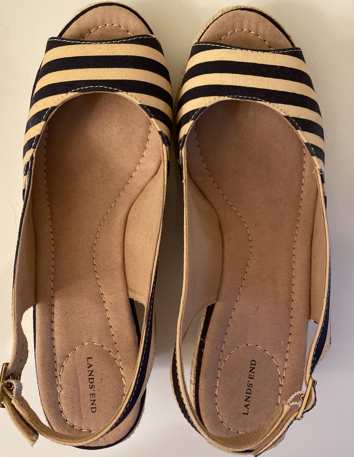 Lands End Mid Wedge Sandal Deep Sea Navy Beige Stripe Womens 8M Presley