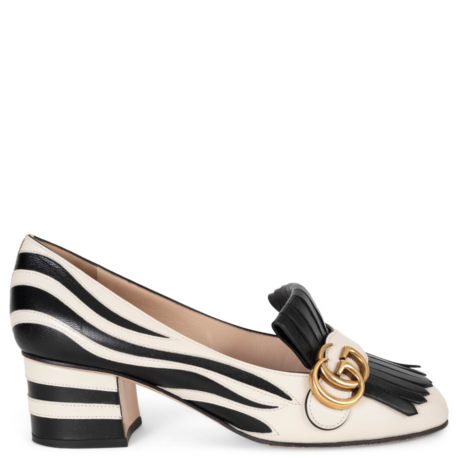 73509 auth GUCCI black white leather 2016 MARMONT ZEBRA Pumps Shoes 38.5
