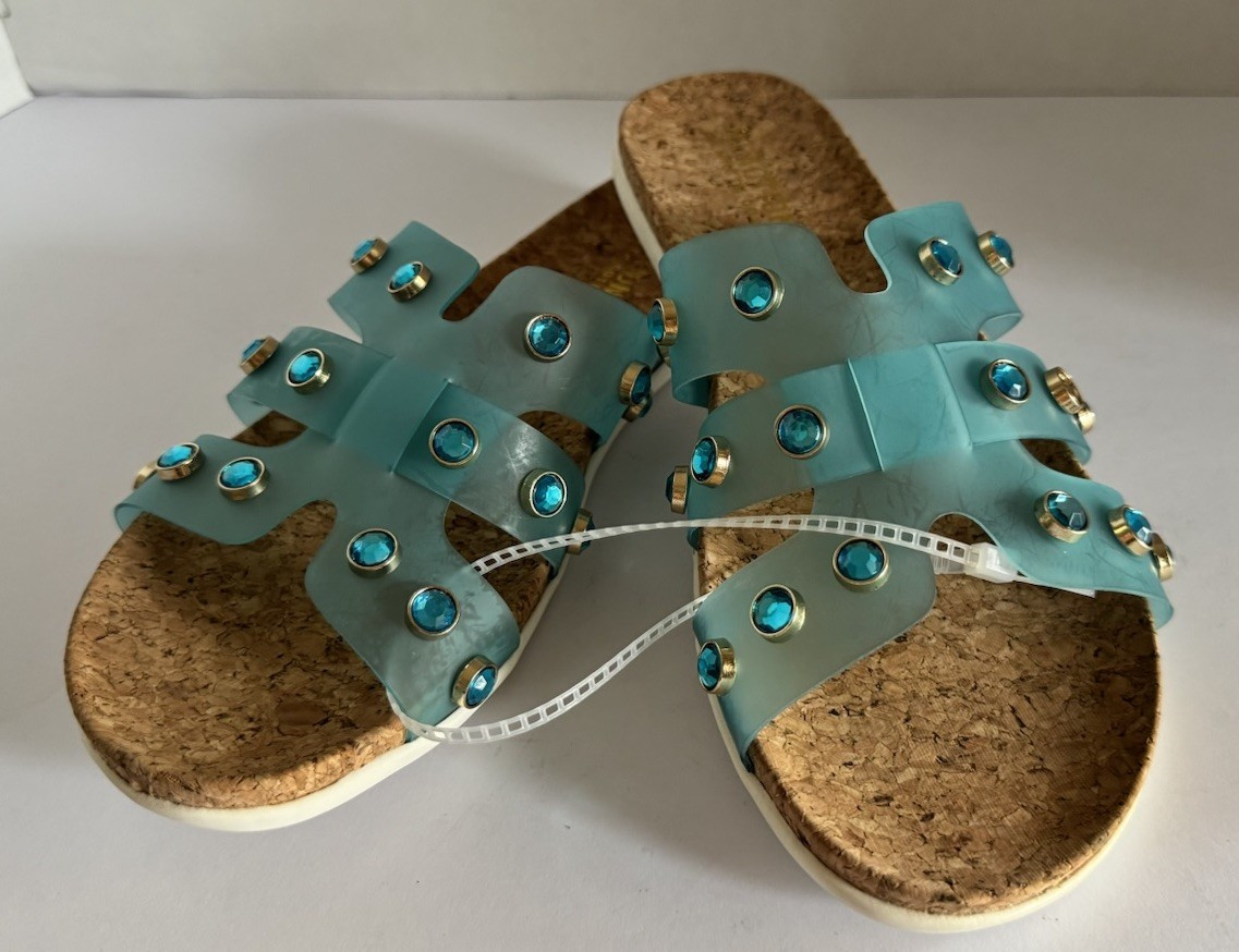 Reaction Kenneth Cole Women’s Aqua Blue Studded Strappy Slide Sandals US 7