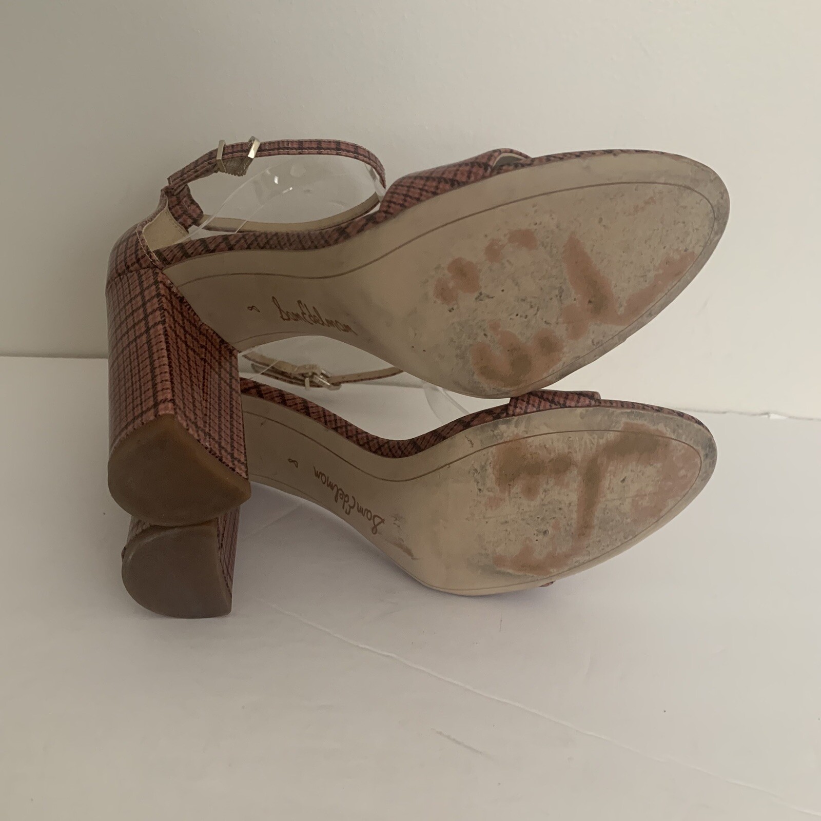 Sam Edelman Yaro Pink Black Plaid Ankle Strap Sandals Size 8M Block Heel EUC
