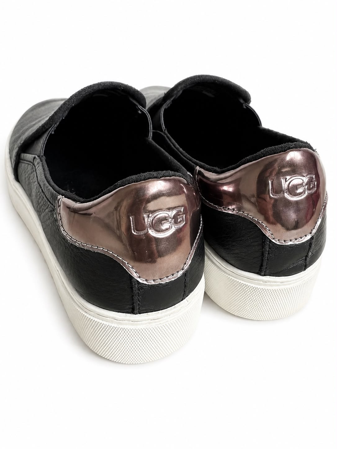 UGG Black Leather Slip On Sneakers Loafers Rose Gold Heel Women’s