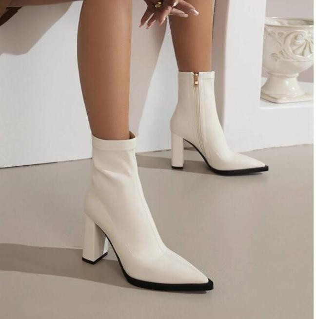 Womens Formal Leisure Ankle Boots Block Heels Pointed Toe Faux Leather Zip Shoes