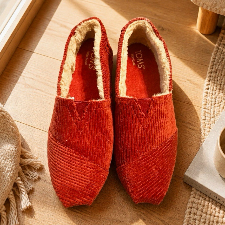 New TOMS Red Corduroy Faux Fur Lined Alpargata Shoes size 8.5 Women
