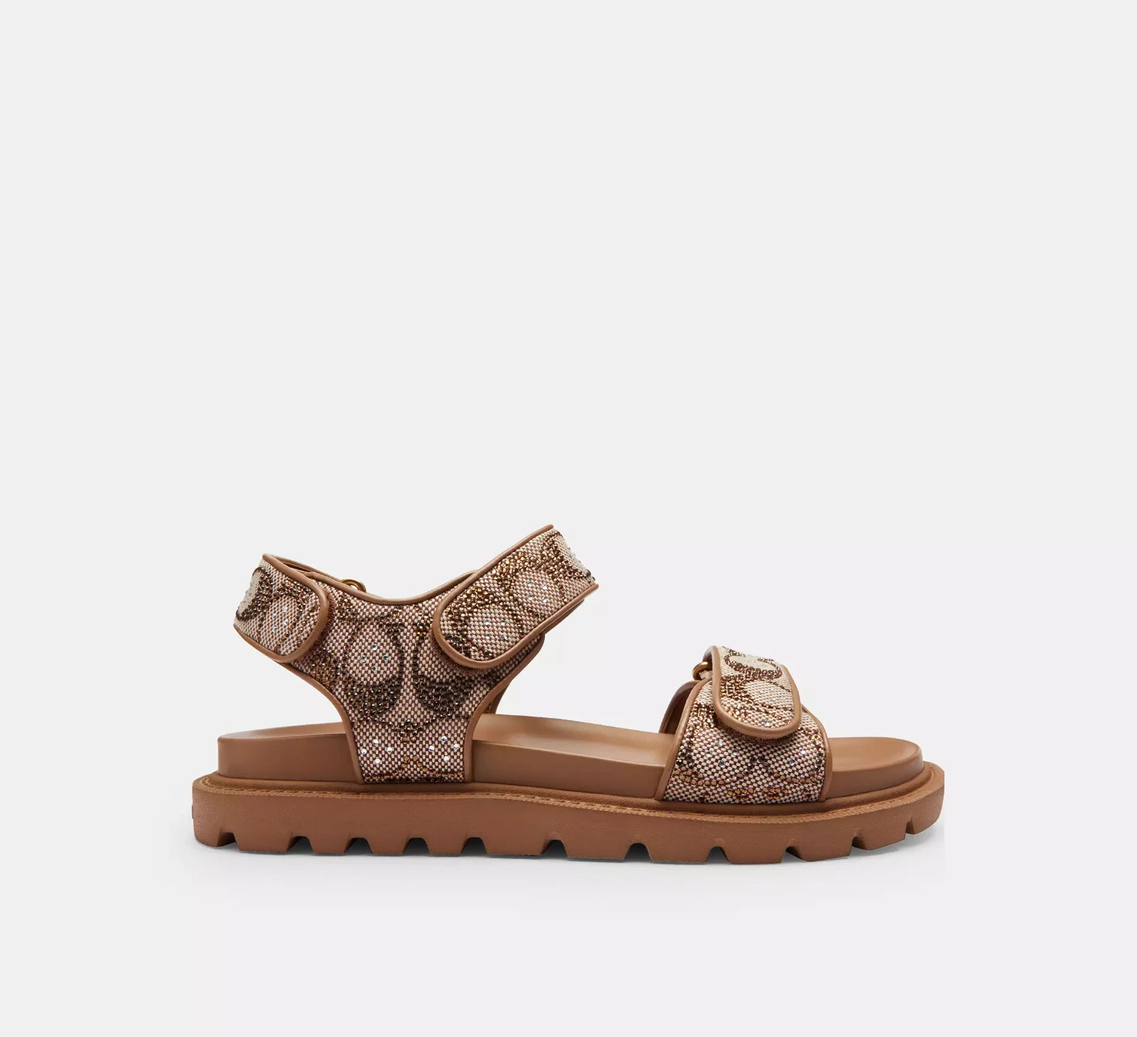 Coach Brynn Crystal Signature Jacquard Double Band Straps Sandals Tan, CEF38