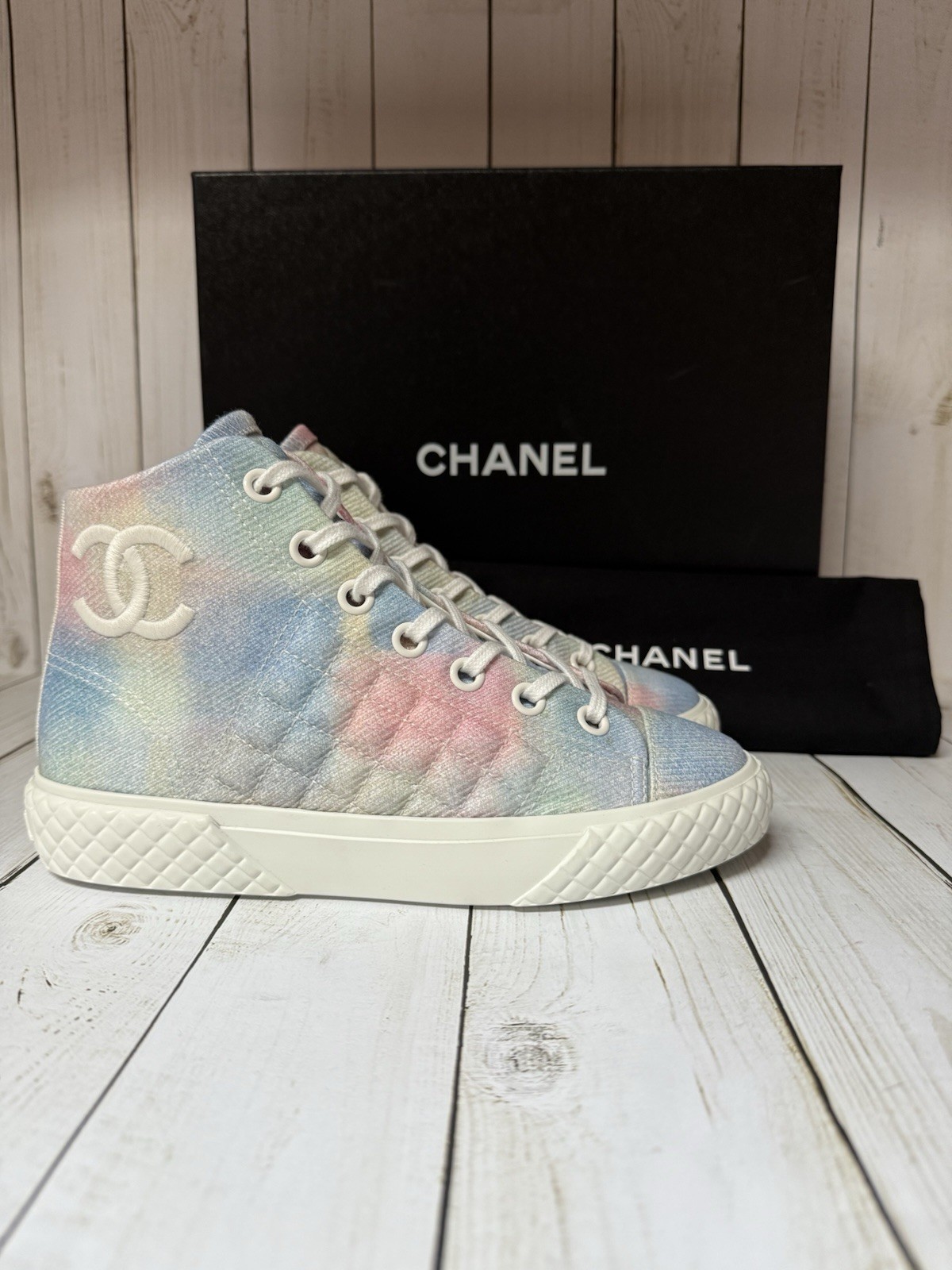 CHANEL Printed Fabric Quilted High Top Sneakers Green Pink Blue Sz 36 / 6