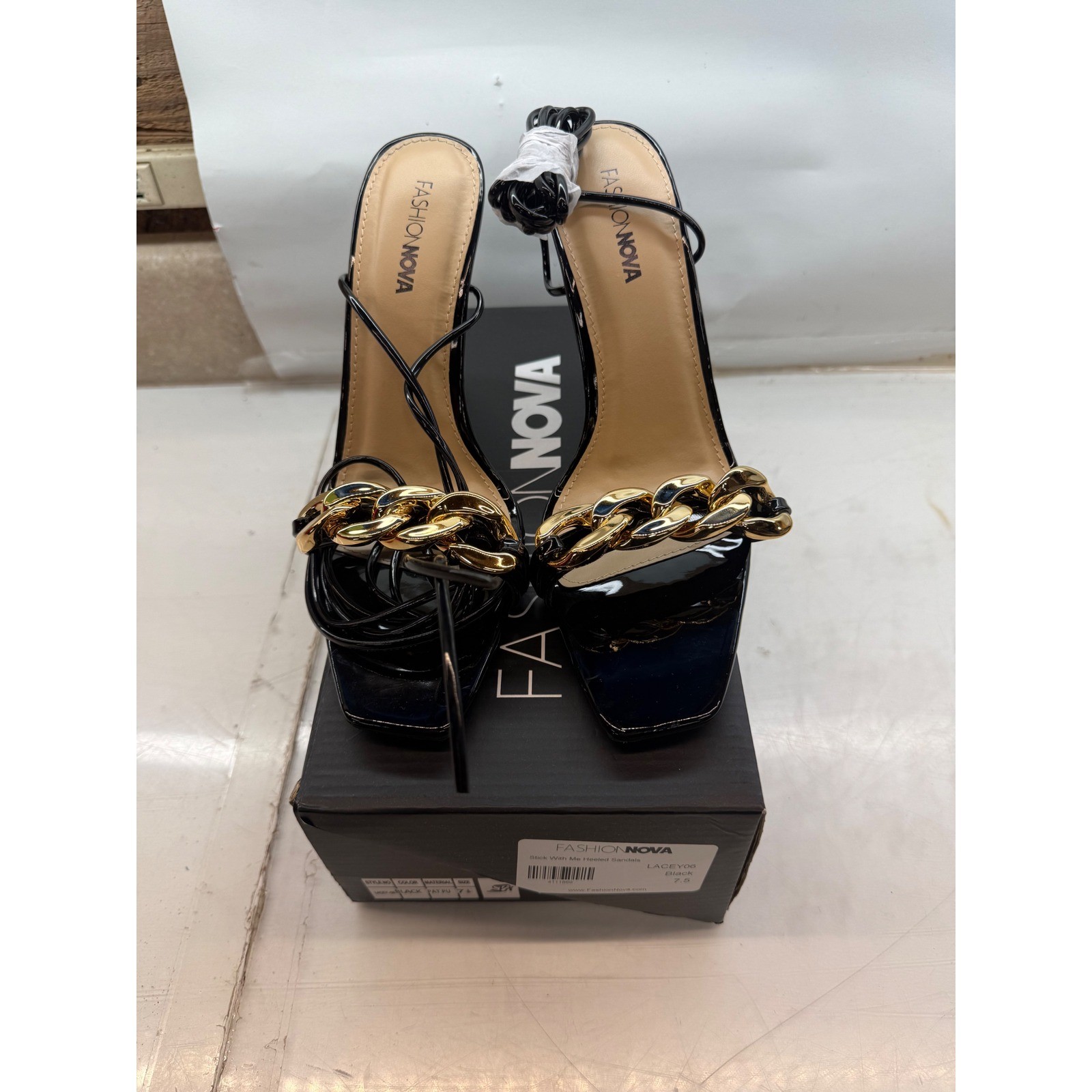 Fashion Nova Stick With Me Heeled Sandals Black Patent Gold Chain Lace Up 7.5