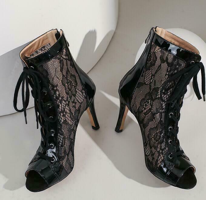Women Lace Up Summer Stiletto Heel Pump Boots Mesh Patent Leather Sandals 8.5Cm