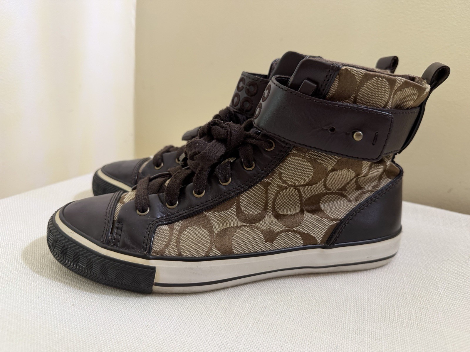 Vintage Y2K Brown Coach Logo High Too Sneakers Textile Leather Tassel Laces 7